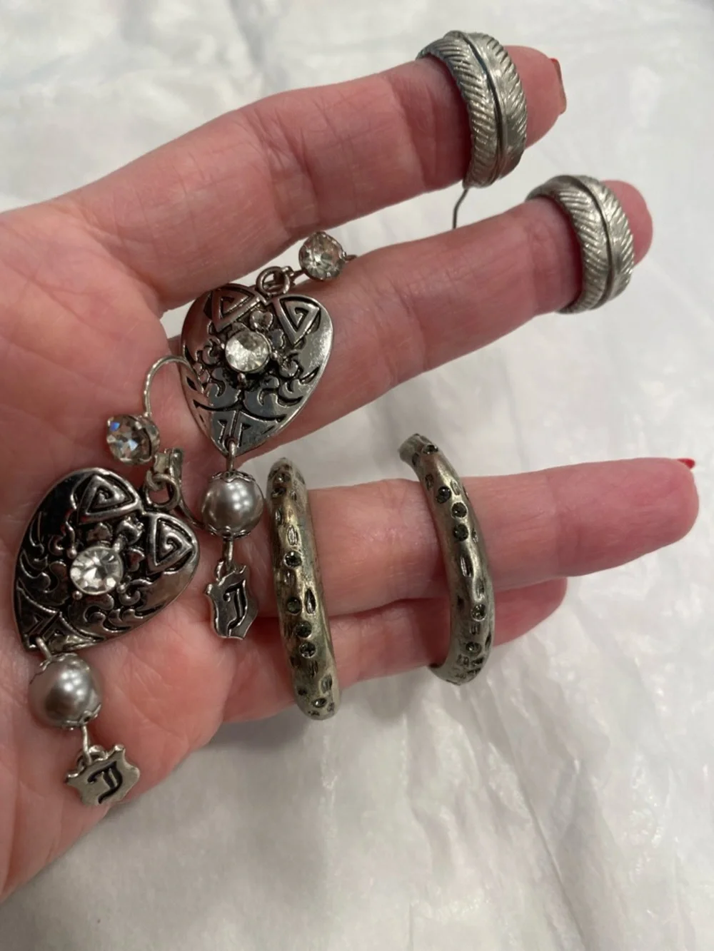 Silver Earring Bundle 3 Pair Set | Heart Dangle + Textured Hoops | Vintage Style - Picture 3 of 10